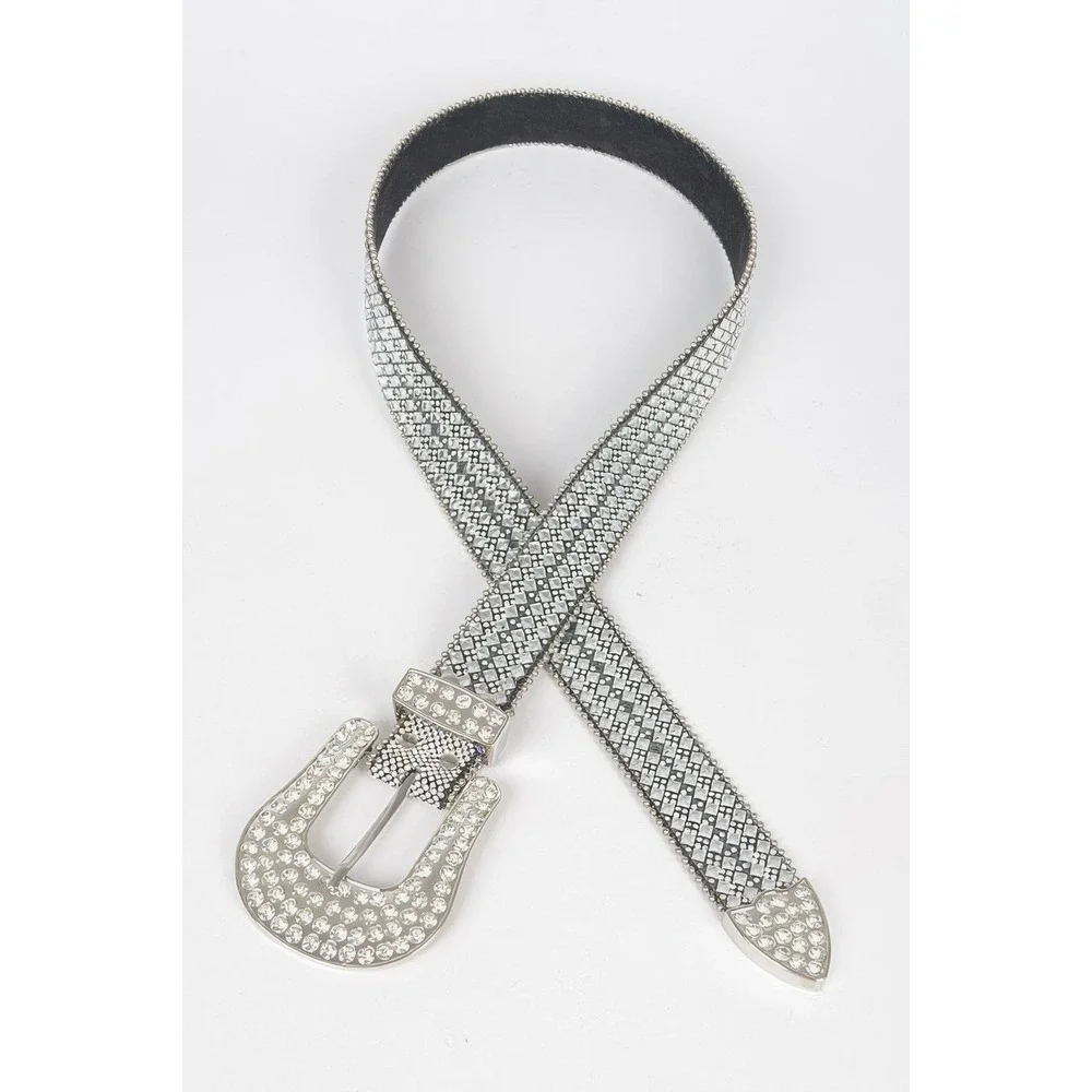 Plus Size Rhinestone Western Belt Womens M Silver New Crystal Studded Buckle
